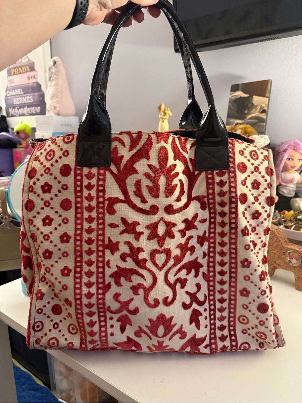 Kate Landry Maroon Red Velvet Damask Floral Cream Large Carpet Tote